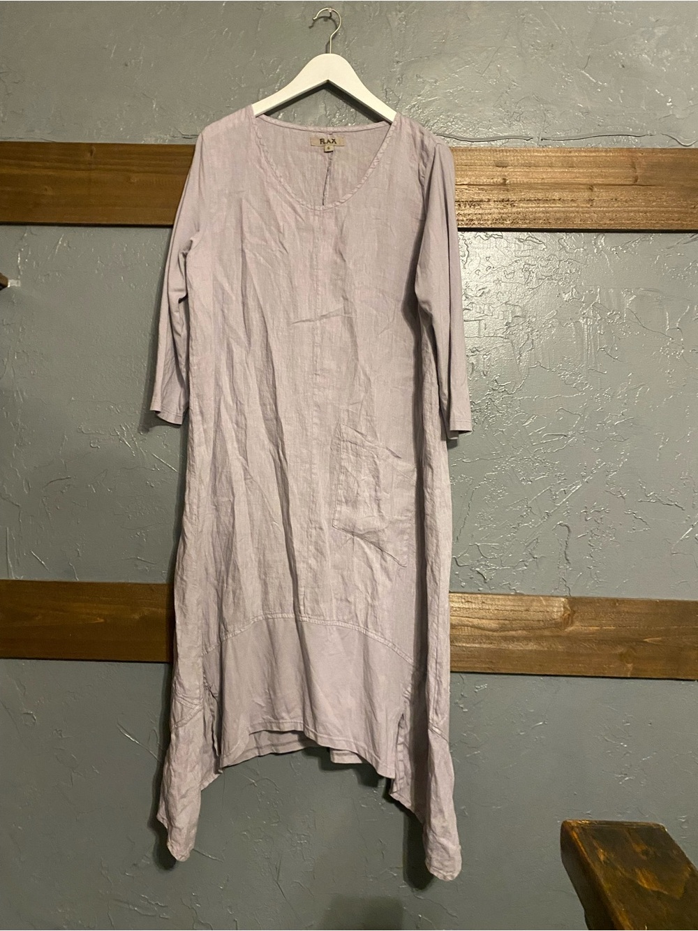 Flax Women’s S Light Purple Lavender 100% Linen Midi Pocket Dress 3/4 Sleeves